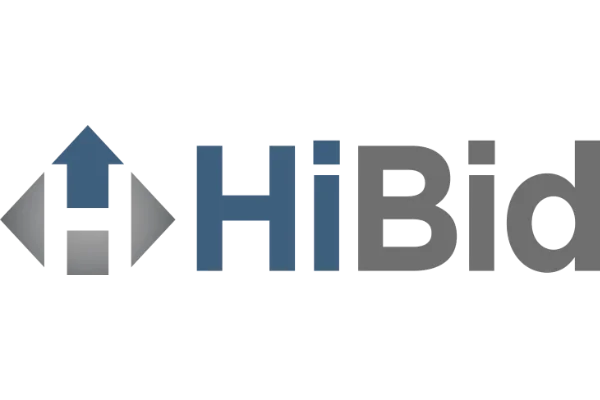HiBid logo featuring a blue upward arrow inside a gray diamond shape to the left of the word HiBid